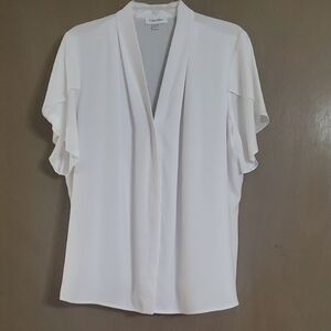 Calvin Klein Women's V-Neck Tulip Short Sleeve White Blouse